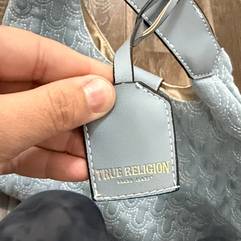 True Religion Light Blue Quilted Shoulder Bag with Gold Horseshoe Emblem - Picture 3 of 4